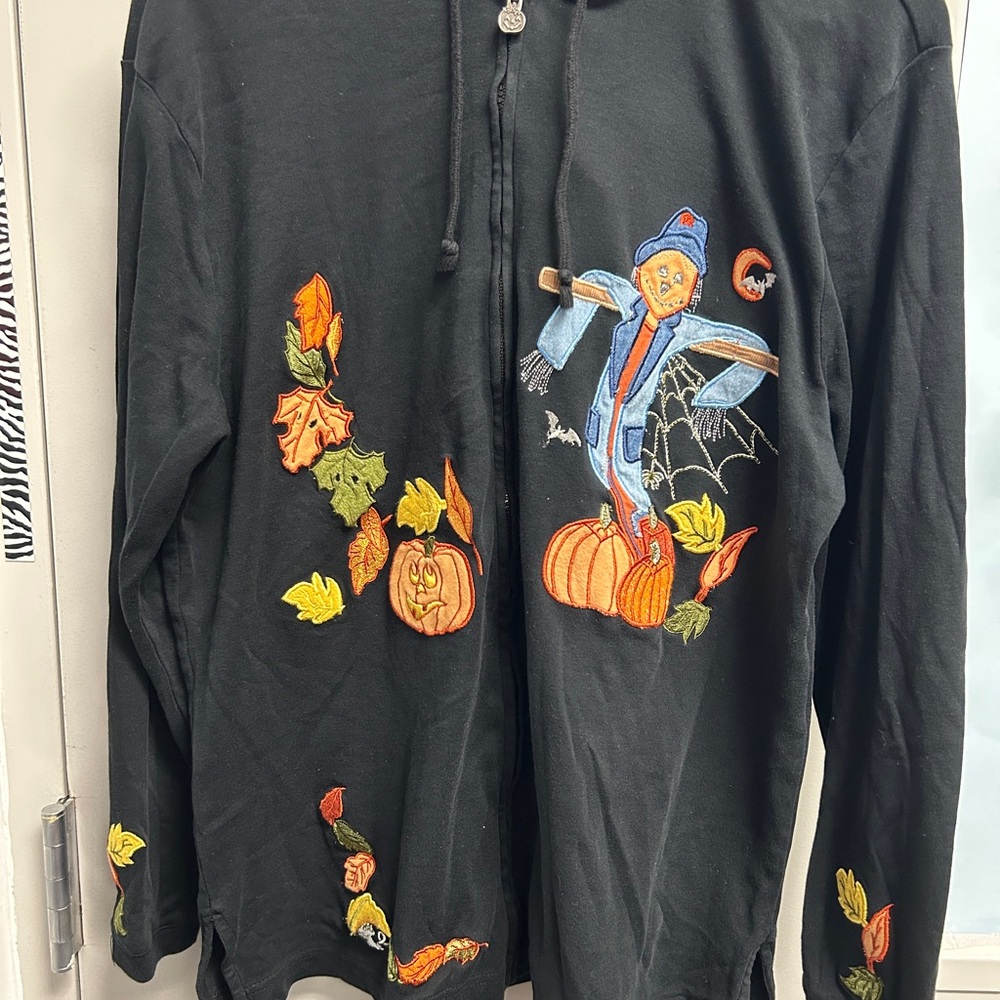 Vintage Black Halloween Hoodie with Embroidered Scarecrow and Pumpkins